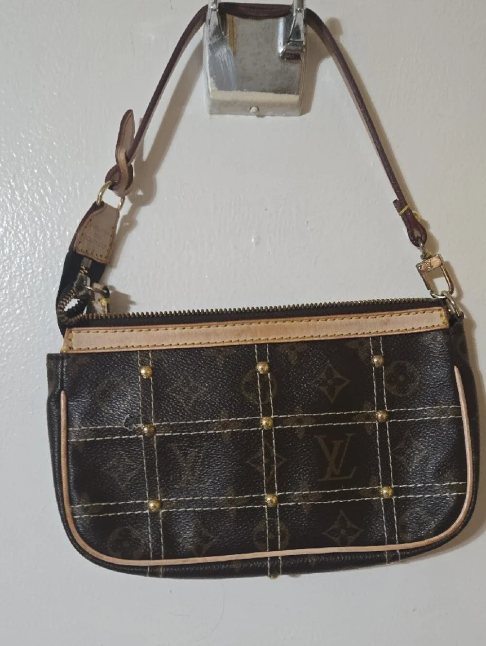 Louis Vuitton Brown Monogram Rivet Pochette Zip Closure Detachable Strap